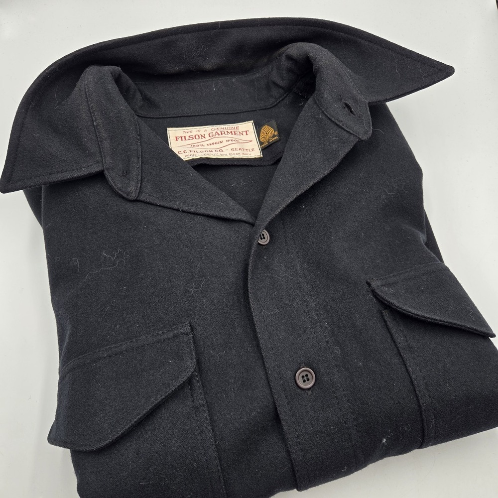 Vtg Filson Wool Jacet Shirt Large Navy Black Made in USA Seattle Rare Shacket